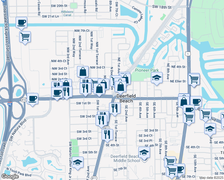 map of restaurants, bars, coffee shops, grocery stores, and more near 2 North Dixie Highway in Deerfield Beach
