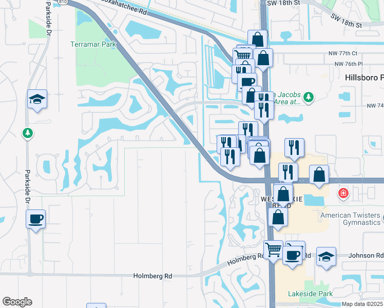 map of restaurants, bars, coffee shops, grocery stores, and more near 7217 Northwest 62nd Terrace in Parkland