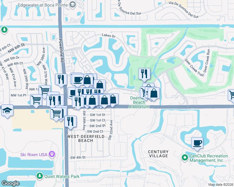 map of restaurants, bars, coffee shops, grocery stores, and more near 65 Deer Creek Road in Deerfield Beach
