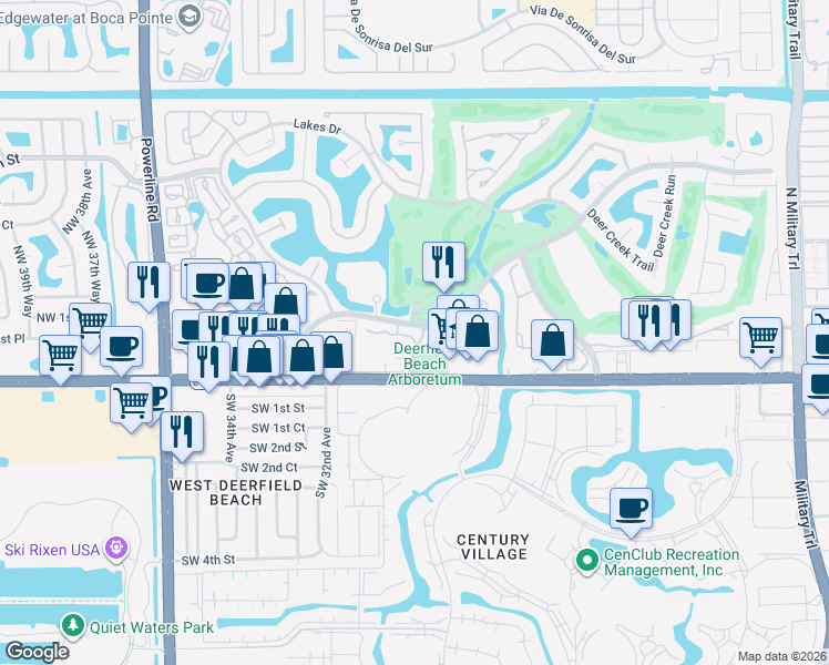 map of restaurants, bars, coffee shops, grocery stores, and more near 2926 DC Country Club Boulevard in Deerfield Beach