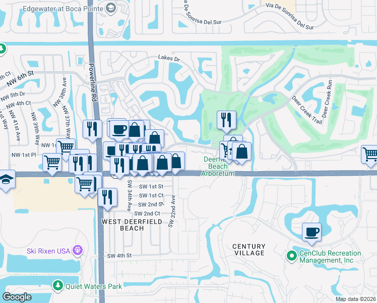 map of restaurants, bars, coffee shops, grocery stores, and more near 65 Deer Creek Road in Deerfield Beach