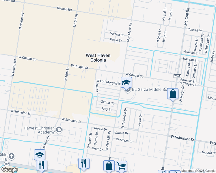 map of restaurants, bars, coffee shops, grocery stores, and more near 3720 West Sarah Evans Street in Edinburg