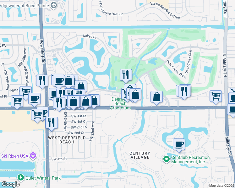 map of restaurants, bars, coffee shops, grocery stores, and more near 2926 DC Country Club Boulevard in Deerfield Beach