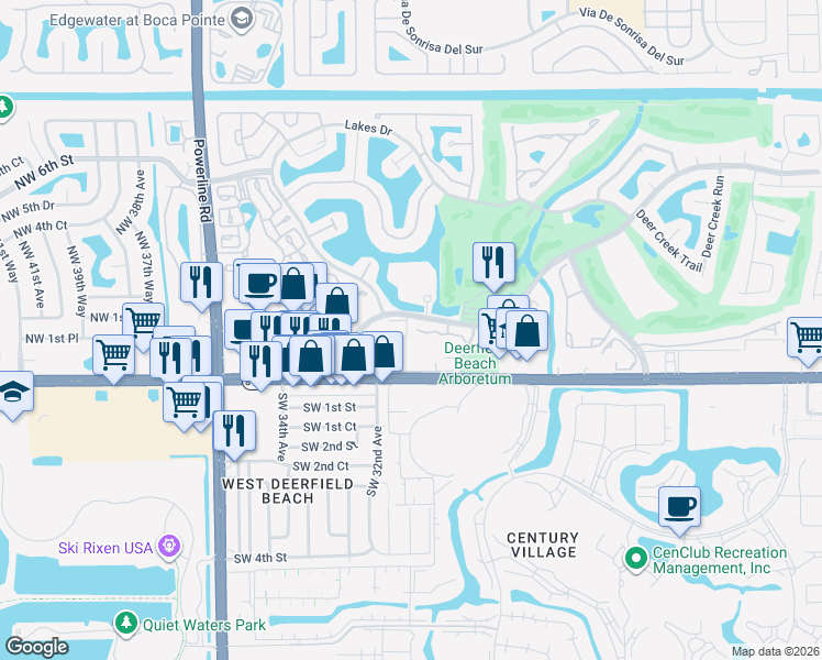 map of restaurants, bars, coffee shops, grocery stores, and more near 65 Deer Creek Road in Deerfield Beach
