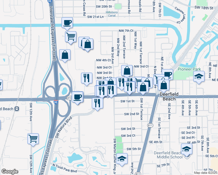 map of restaurants, bars, coffee shops, grocery stores, and more near 349 West Hillsboro Boulevard in Deerfield Beach