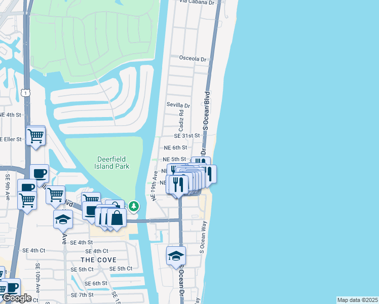 map of restaurants, bars, coffee shops, grocery stores, and more near 1980 Northeast 5th Street in Deerfield Beach