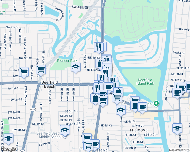 map of restaurants, bars, coffee shops, grocery stores, and more near 35 Northeast 9th Avenue in Deerfield Beach