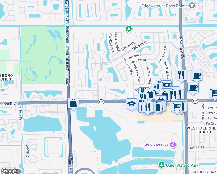 map of restaurants, bars, coffee shops, grocery stores, and more near 104 Northwest 44th Terrace in Deerfield Beach