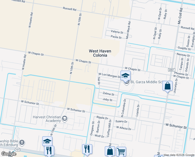 map of restaurants, bars, coffee shops, grocery stores, and more near 2 North Sal Street in Edinburg