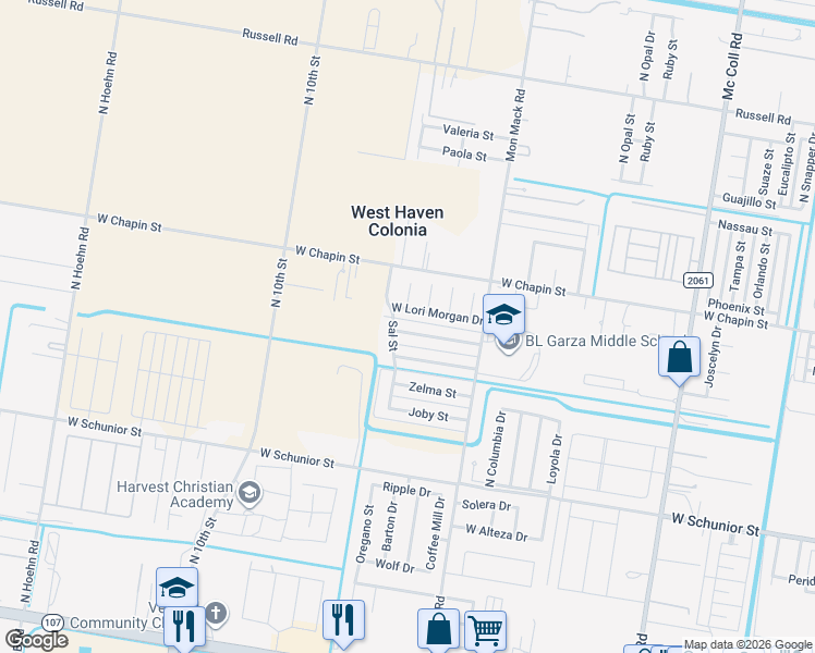 map of restaurants, bars, coffee shops, grocery stores, and more near 3821 West Sarah Evans Street in Edinburg