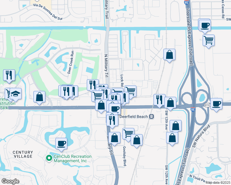 map of restaurants, bars, coffee shops, grocery stores, and more near 1701 Northwest 2nd Street in Deerfield Beach