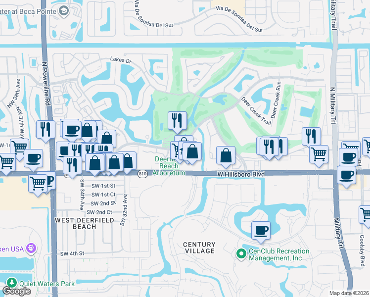map of restaurants, bars, coffee shops, grocery stores, and more near 2801 DC Country Club Boulevard in Deerfield Beach