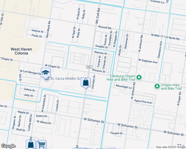 map of restaurants, bars, coffee shops, grocery stores, and more near 1401 Phoenix Street in Edinburg