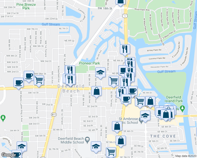 map of restaurants, bars, coffee shops, grocery stores, and more near 650 Northeast 1st Street in Deerfield Beach