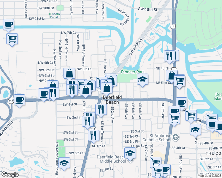 map of restaurants, bars, coffee shops, grocery stores, and more near 185 Northeast 2nd Avenue in Deerfield Beach