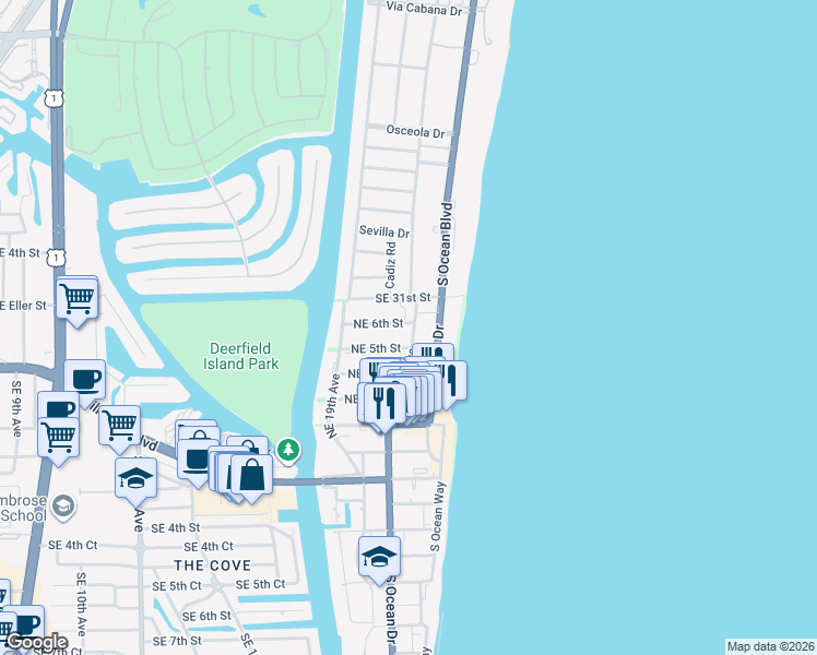 map of restaurants, bars, coffee shops, grocery stores, and more near 505 Northeast 20th Avenue in Deerfield Beach