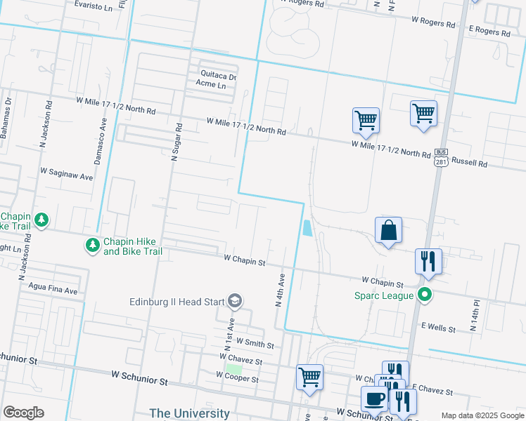 map of restaurants, bars, coffee shops, grocery stores, and more near 1624 North Lookout Drive in Edinburg