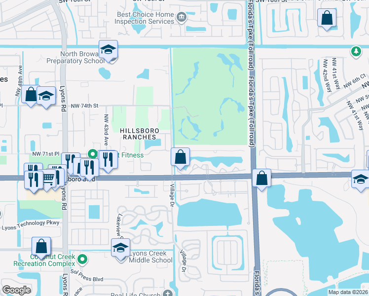 map of restaurants, bars, coffee shops, grocery stores, and more near 3821 Northwest 71st Street in Coconut Creek