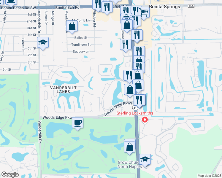 map of restaurants, bars, coffee shops, grocery stores, and more near 3475 Lake Shore Drive in Bonita Springs