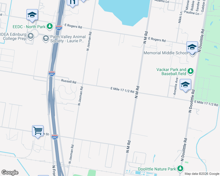 map of restaurants, bars, coffee shops, grocery stores, and more near 2701-2731 East Mile 17 1/2 Road in Edinburg