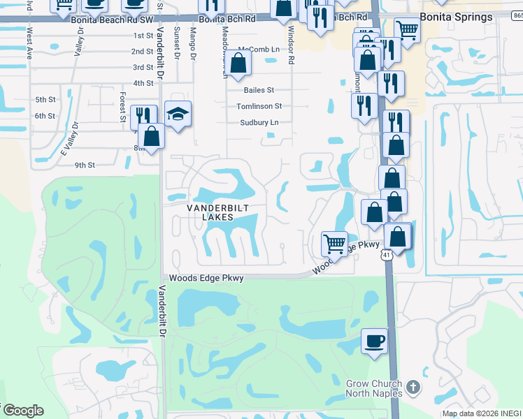 map of restaurants, bars, coffee shops, grocery stores, and more near 3620 Saybrook Place in Bonita Springs