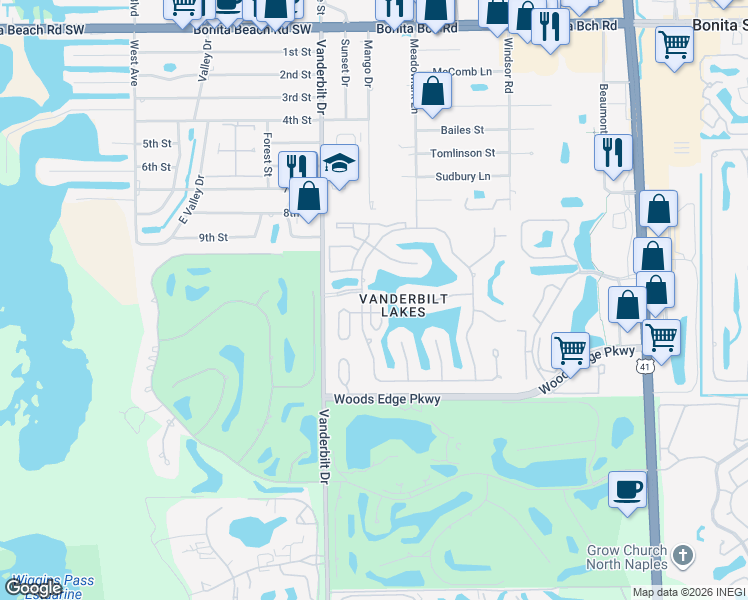 map of restaurants, bars, coffee shops, grocery stores, and more near 28691 Winthrop Circle in Bonita Springs