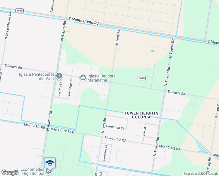 map of restaurants, bars, coffee shops, grocery stores, and more near 3606 Terry Road in Edinburg
