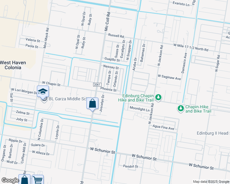 map of restaurants, bars, coffee shops, grocery stores, and more near 2618 Phoenix Street in Edinburg