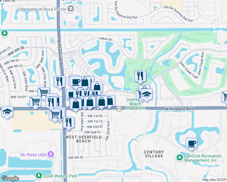 map of restaurants, bars, coffee shops, grocery stores, and more near 105 Deer Creek Road in Deerfield Beach