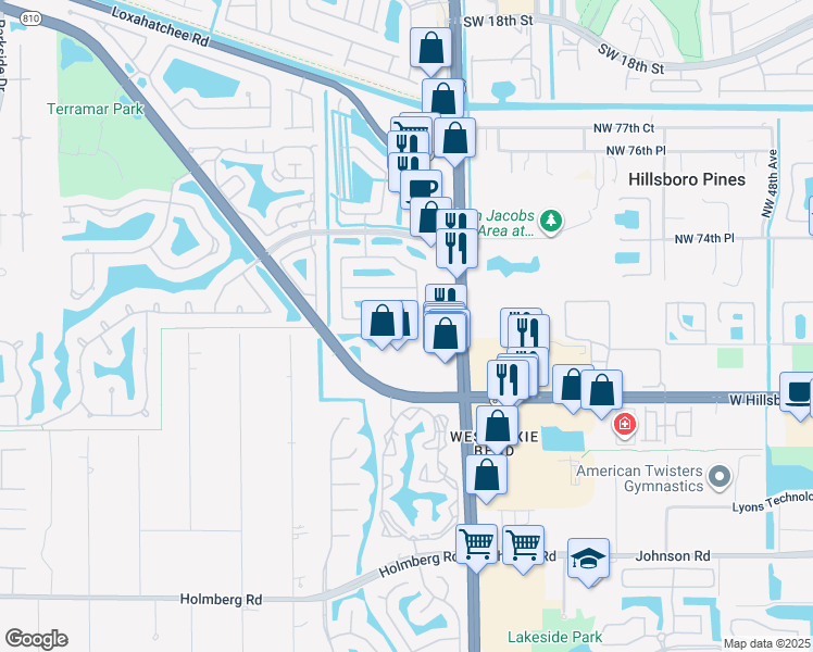 map of restaurants, bars, coffee shops, grocery stores, and more near 5880 Northwest 72nd Court in Parkland