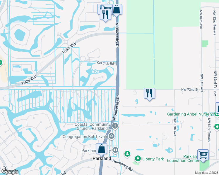 map of restaurants, bars, coffee shops, grocery stores, and more near 9367 Satinleaf Place in Parkland