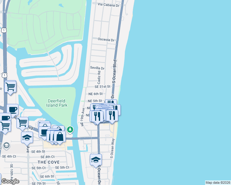 map of restaurants, bars, coffee shops, grocery stores, and more near 612 Northeast 21st Avenue in Deerfield Beach