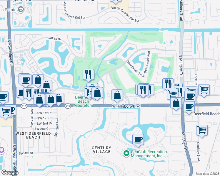 map of restaurants, bars, coffee shops, grocery stores, and more near 147 Deer Creek Boulevard in Deerfield Beach