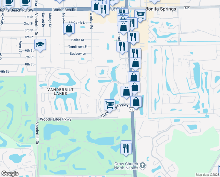 map of restaurants, bars, coffee shops, grocery stores, and more near 3475 Lake Shore Drive in Bonita Springs