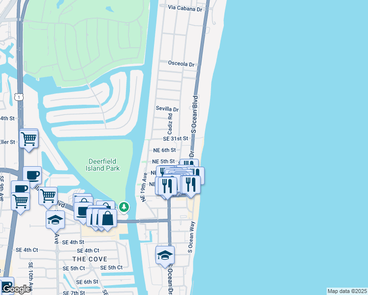 map of restaurants, bars, coffee shops, grocery stores, and more near 633 Northeast 21st Avenue in Deerfield Beach