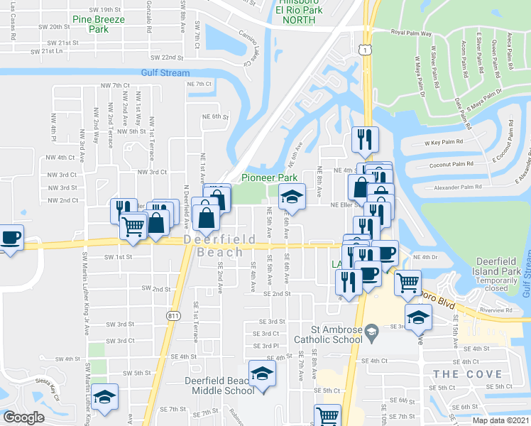 map of restaurants, bars, coffee shops, grocery stores, and more near 183-185 Northeast 5th Avenue in Deerfield Beach