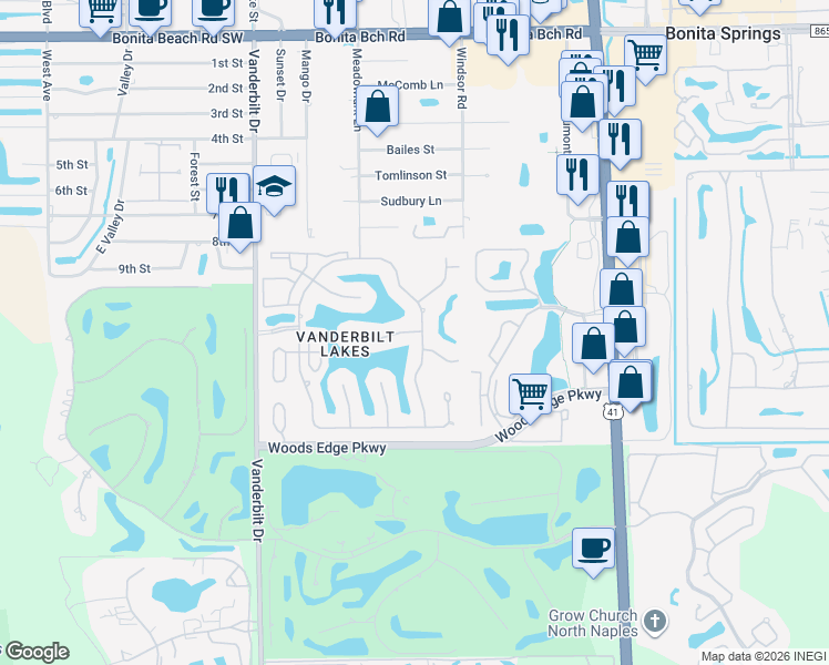 map of restaurants, bars, coffee shops, grocery stores, and more near 3620 Saybrook Place in Bonita Springs