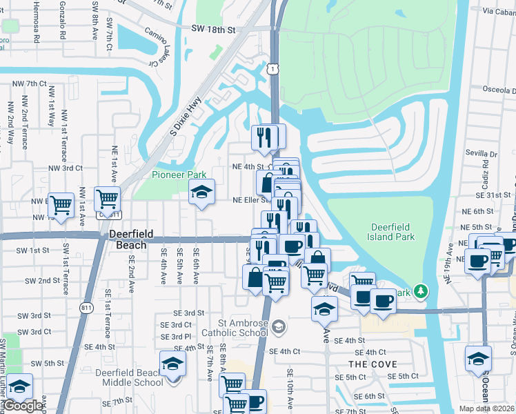 map of restaurants, bars, coffee shops, grocery stores, and more near 123 Northeast 9th Avenue in Deerfield Beach