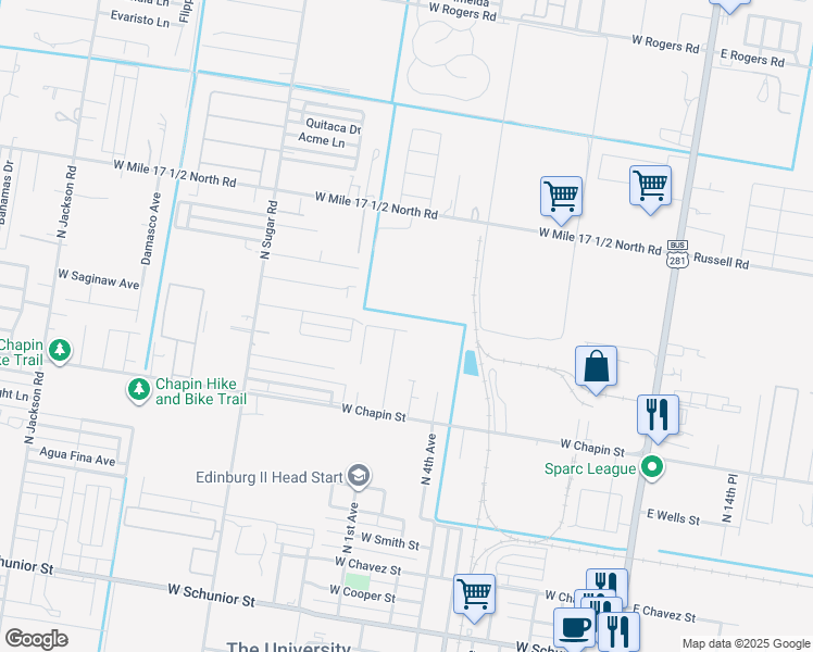 map of restaurants, bars, coffee shops, grocery stores, and more near 1005 Shavano Drive in Edinburg