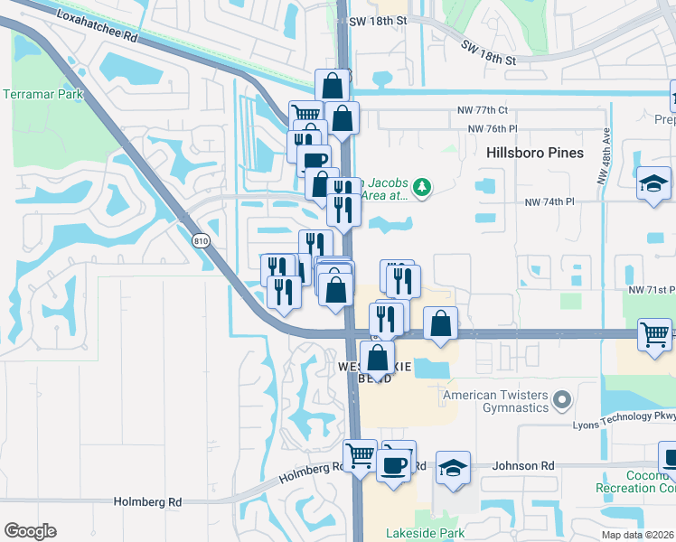 map of restaurants, bars, coffee shops, grocery stores, and more near 7201 Florida 7 in Parkland