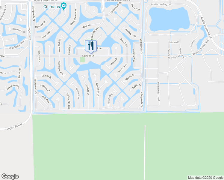 map of restaurants, bars, coffee shops, grocery stores, and more near 15414 Trevally Way in Bonita Springs