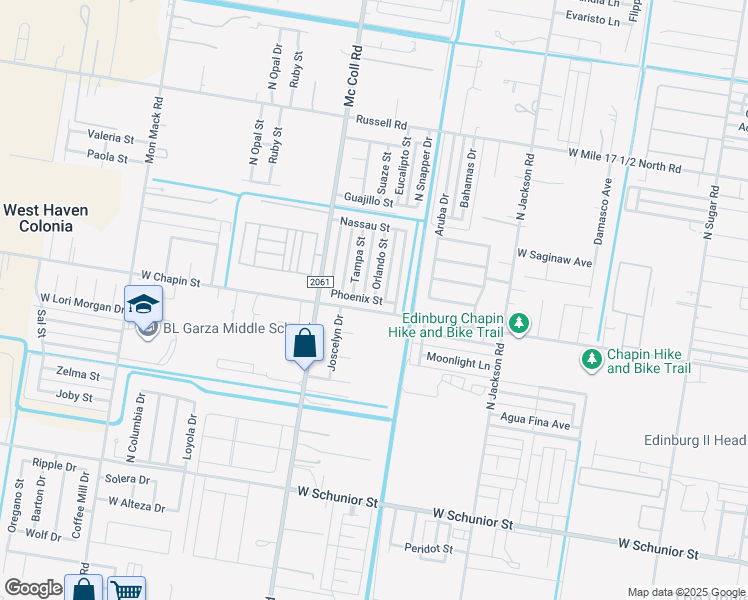 map of restaurants, bars, coffee shops, grocery stores, and more near 2702 Phoenix Street in Edinburg
