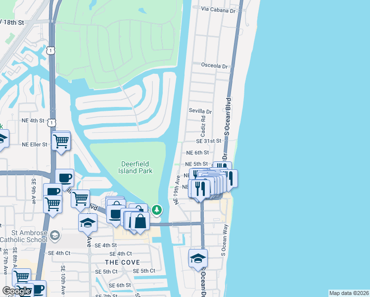 map of restaurants, bars, coffee shops, grocery stores, and more near 1912 Northeast 7th Street in Deerfield Beach