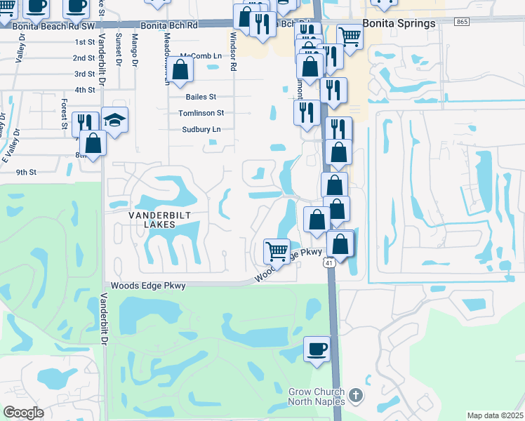 map of restaurants, bars, coffee shops, grocery stores, and more near 28651 Windsor Road in Bonita Springs