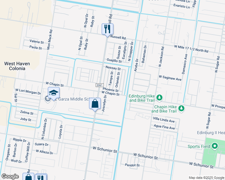 map of restaurants, bars, coffee shops, grocery stores, and more near 2606 Phoenix Street in Edinburg