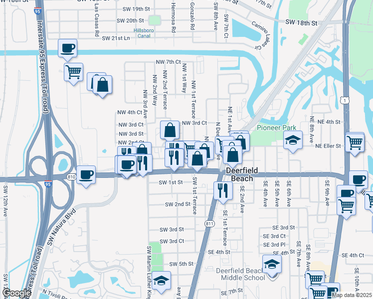 map of restaurants, bars, coffee shops, grocery stores, and more near 198 Northwest Eller Street in Deerfield Beach