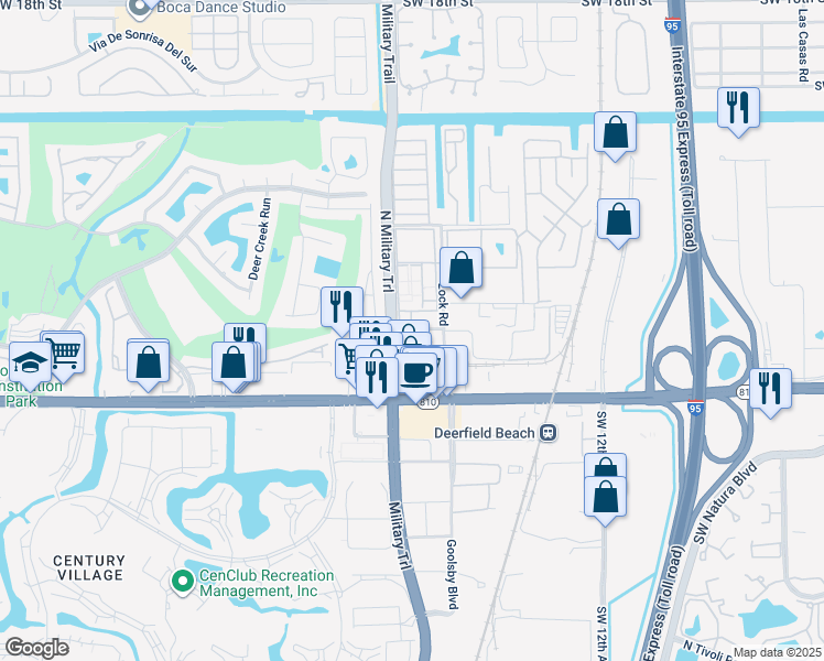 map of restaurants, bars, coffee shops, grocery stores, and more near 1701 Northwest 2nd Street in Deerfield Beach