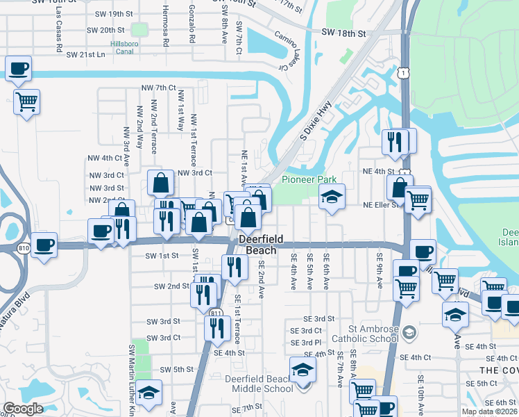 map of restaurants, bars, coffee shops, grocery stores, and more near 185 Northeast 2nd Avenue in Deerfield Beach
