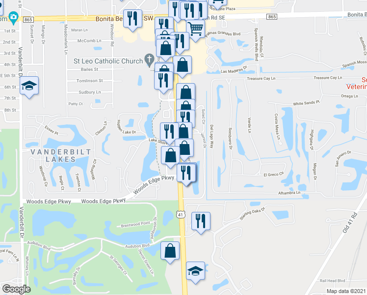 map of restaurants, bars, coffee shops, grocery stores, and more near 28701 South Tamiami Trail in Bonita Springs