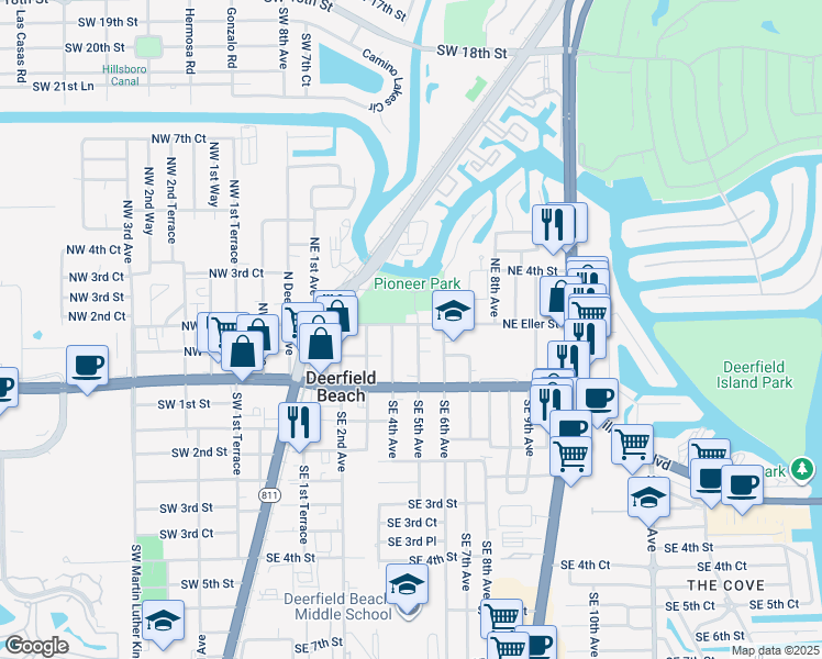map of restaurants, bars, coffee shops, grocery stores, and more near 183-185 Northeast 5th Avenue in Deerfield Beach
